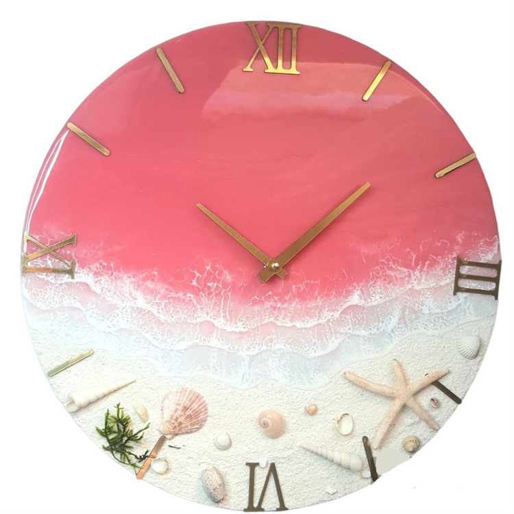 ساعت دیواری رزینی طرح دریای صورتی با عدد یونانی و عقریه طلایی