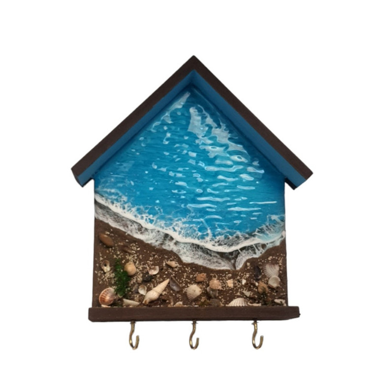 جاکلیدی دیواری چوبی رزینی طرح کلبه مدل دریا و ساحل