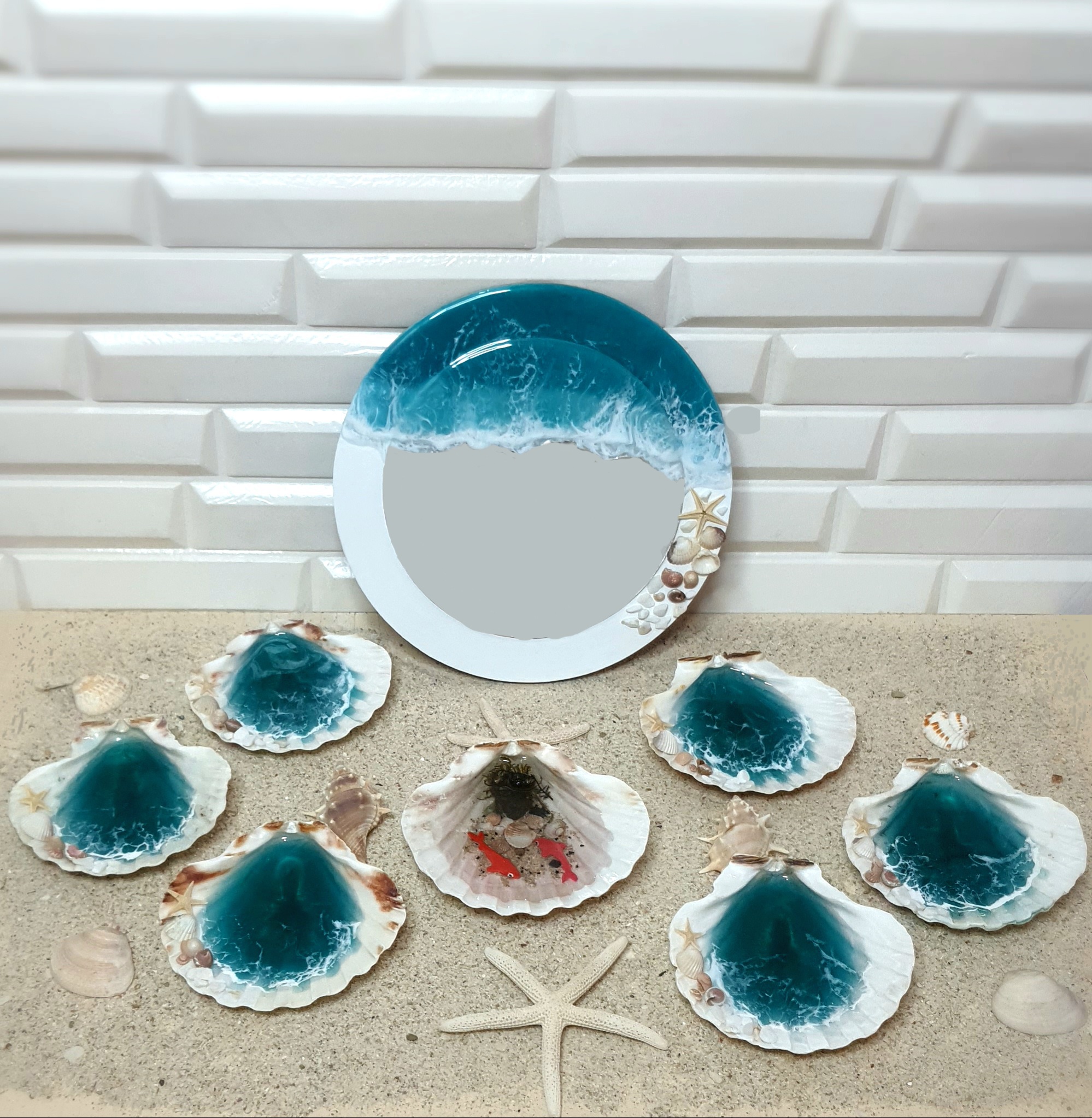 ست هفت سین رزینی و آینه و ماهی طرح دریا