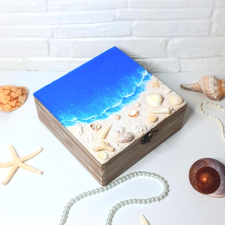 صندوقچه چوبی رزینی طرخ دریا و ساحل سفید