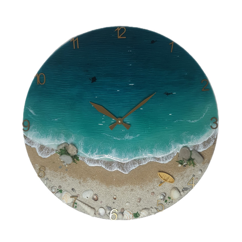 ساعت رزینی دیواری طرح دریا با موتور آرامگرد و اعداد طلایی