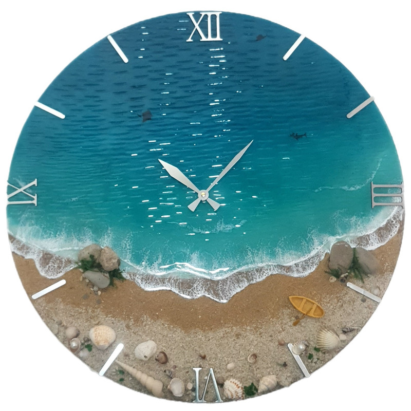 ساعت رزینی دیواری طرح دریا با موتور آرامگرد و اعداد نقره ای