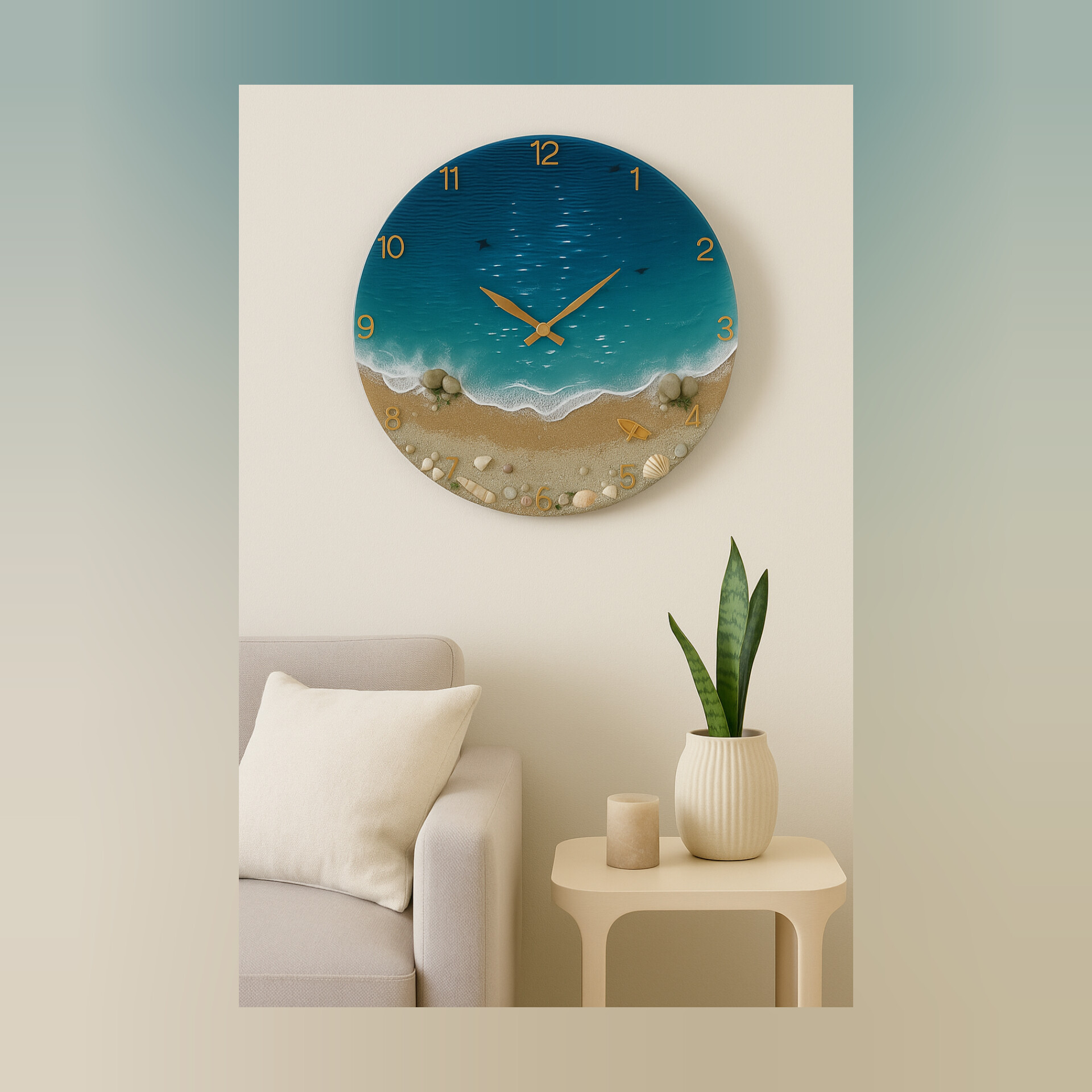 ساعت دیواری رزینی با طرح ساحلی نصبشده در اتاق